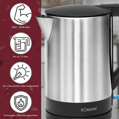 Bouilloire Electrique 1,5 L 2200 W Bomann Wks-3002 noir-inox – Image 2