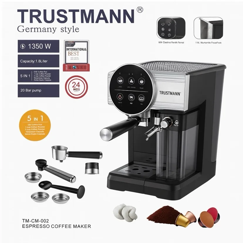 Machine à café et Lait inox 5 en1 Multi Capsules 1350W 20 Bar TRUSTMANN® TM-CM-002