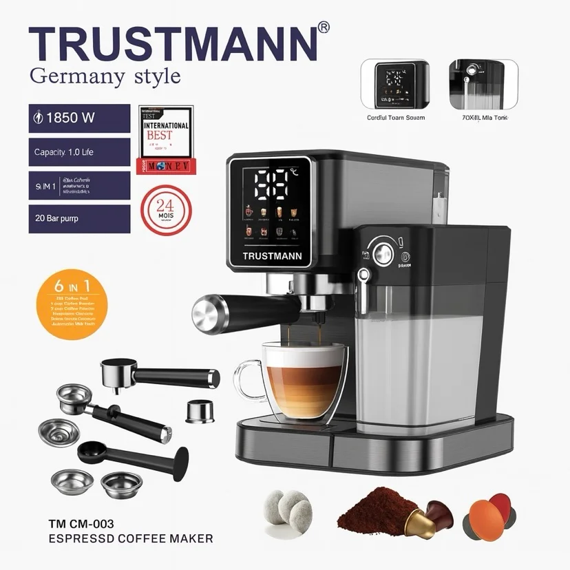 Machine à Café et lait inox 6 en 1 Multi Capsules 1350W 20 Bar TRUSTMANN TM-CM-003