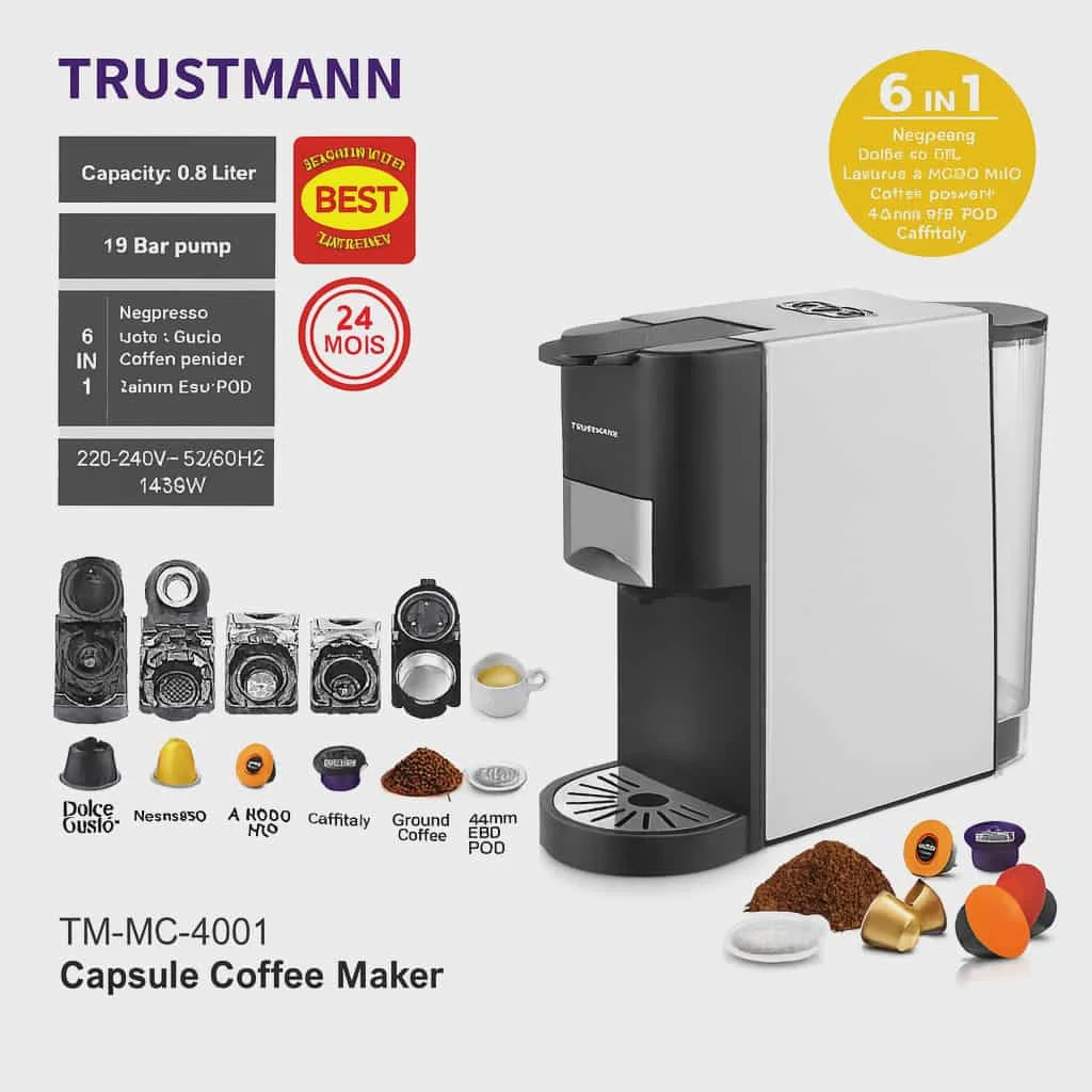 Machine à Café inox Multi Capsules 6 en1 – 1450W 19 Bar TRUSTMANN TM-MC-4001 – Image 4