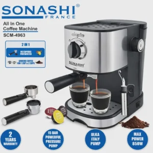 Cafetière inox 2 en 1 Café Poudre et Capsules 1.0L 15 Bars Sonashi SCM-4963