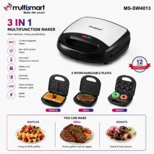 Panineuse inox 3 En 1 ” Donut – Gaufre – Panineuse ” MultiSmart MS-SW4013