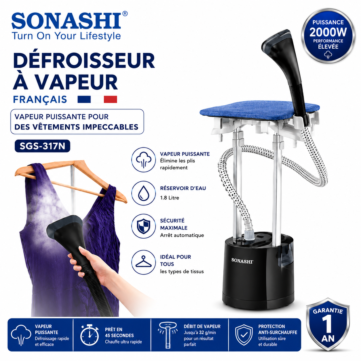 Défroisseur Vapeur Vertical 2000W Avec Réservoir 1.8L Et Support Télescopique Sonashi SGS-317N – Image 2