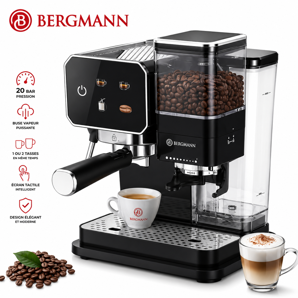 Machine à café 3 en1 Café Grain+ cappuccino 20Bar 1350w +1.8L Fonction Moulin a café Bergmann b2028 – Image 2