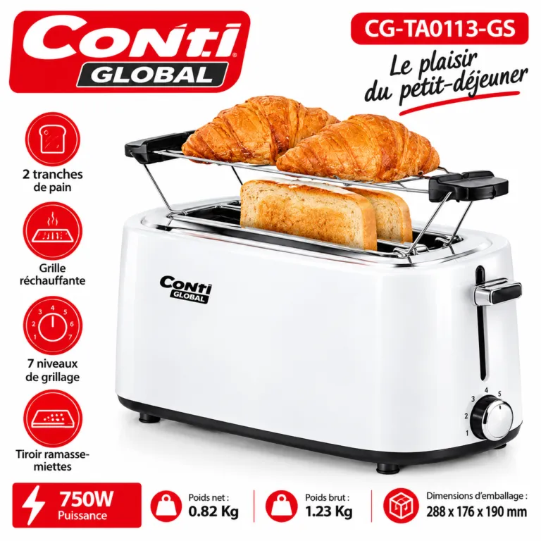 Grille pain géanr Conti Global 750 W 2 tranche CG_TAO133_GS – Image 2