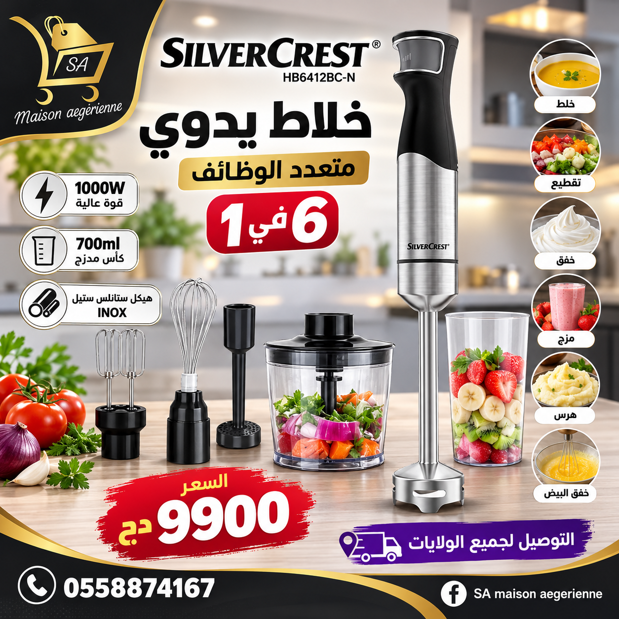 Mixeur Plongeant INOX Multifonctions 6en1 1000W SilverCrest HB6412BD-N