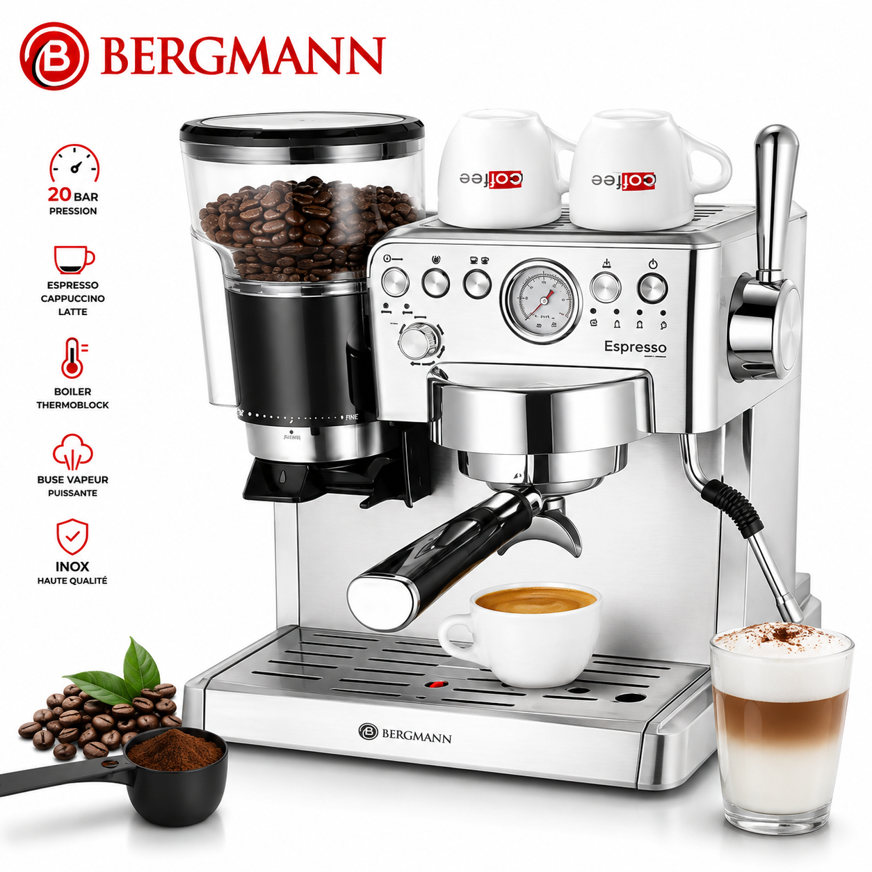 Machine à café Multifonction Pro Café Grain+ Lait + cappuccino 20 Bar 1350W + Fonction Moulin a café b2027