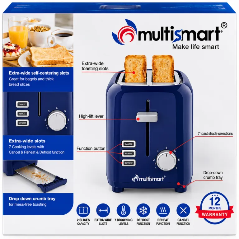 Grille Pain 2 Tranches 750W 7 Niveaux de cuisson et fonctions décongeler Multismart MS-TS2101 Gris/Bleu – Image 3