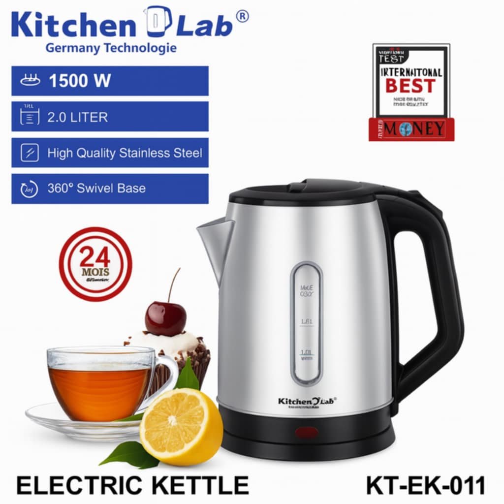 Bouilloire Electrique Sans Fil En inox 02 L 1500W KitchenLab KT-EK-011 – Image 2