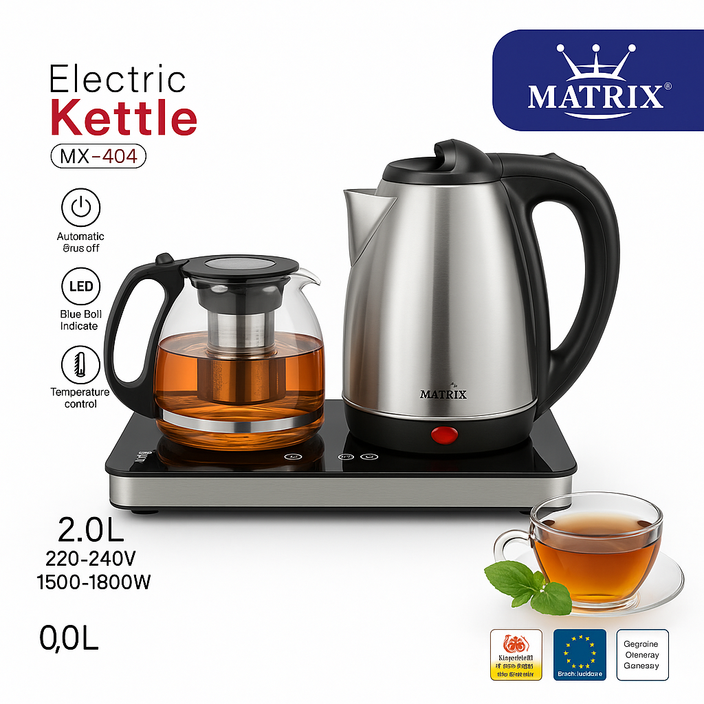 Bouilloire 2L En inox + Théière en verre 1800 W Matrix MX-404 – Image 2